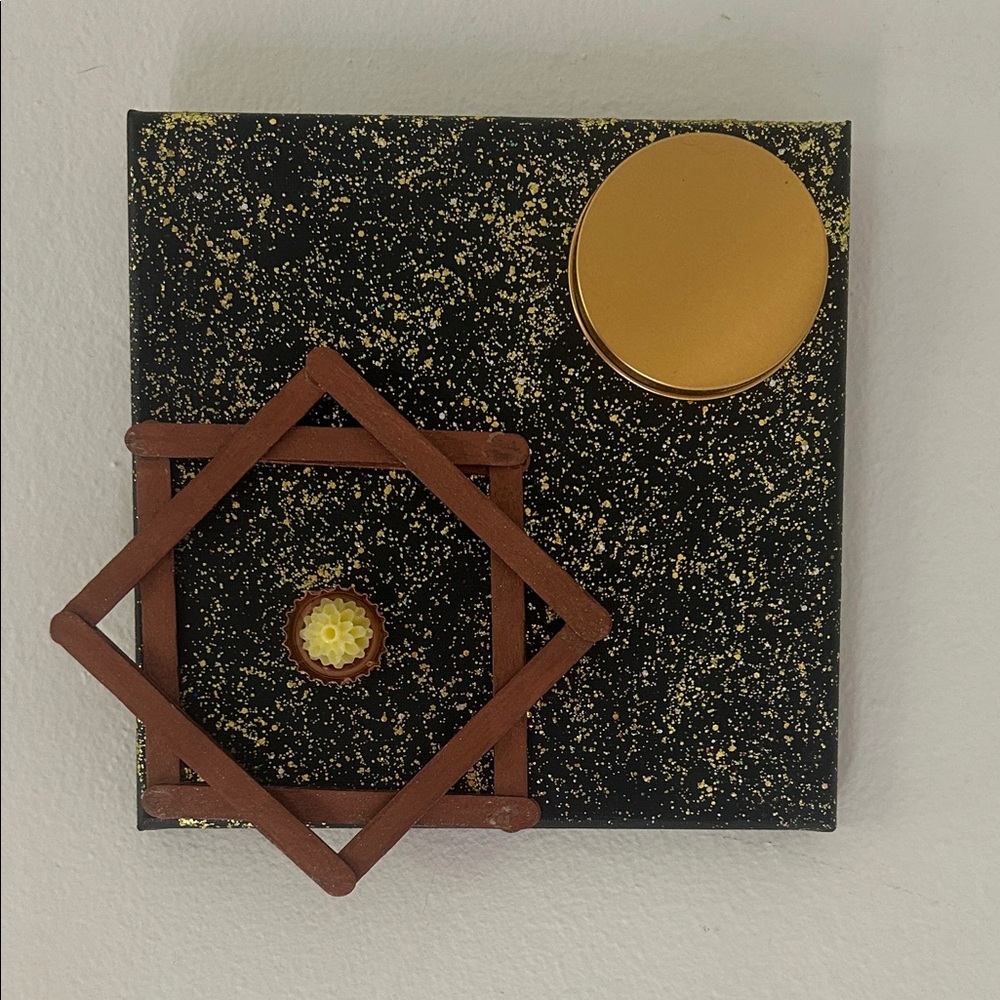 Black & Gold Speckled Wall Art with Wooden Geometric Accent
